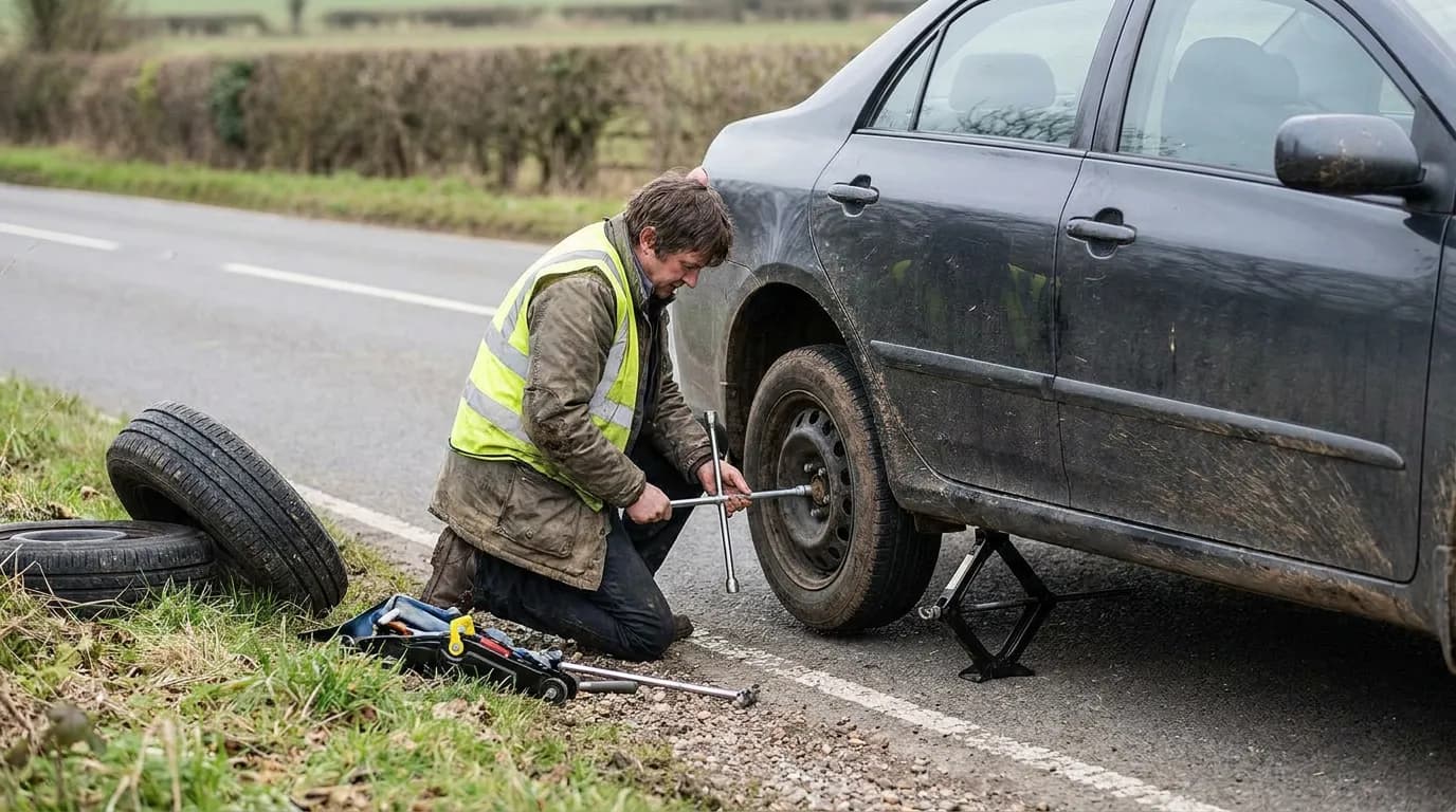 A driver loosening wheel nuts to change a flat tyre at the roadside