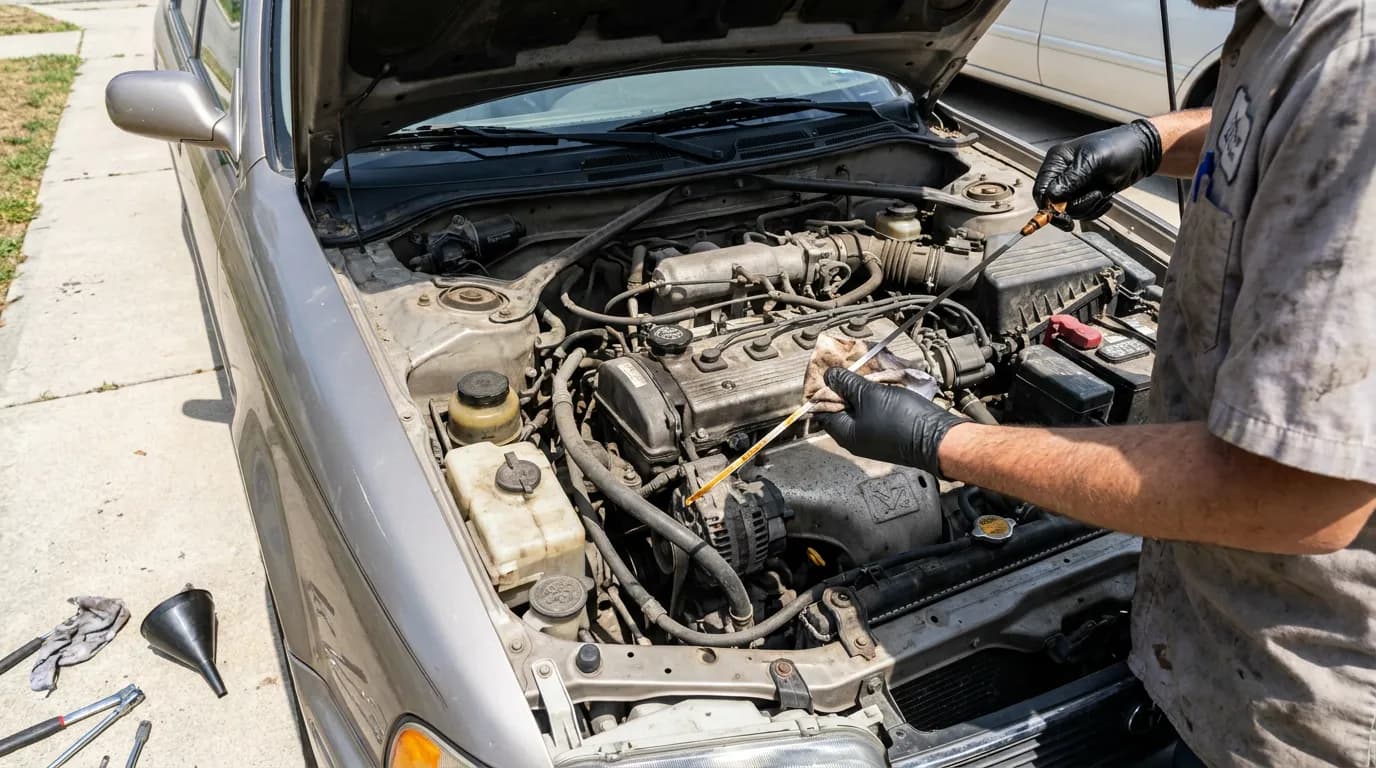 A car bonnet open at the roadside during a routine maintenance check