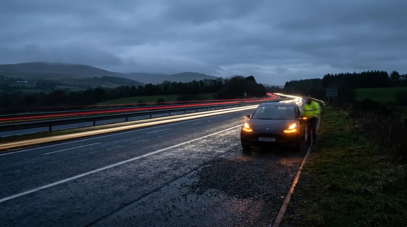 A broken down car on a hard shoulder at dusk with hazard lights on