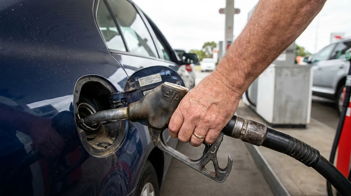 A fuel pump nozzle being placed into a car at a forecourt