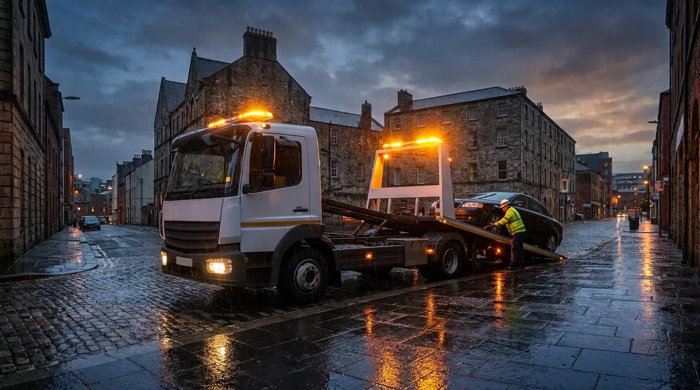 SP Recovery flatbed truck loading a car on a wet Belfast street at dusk