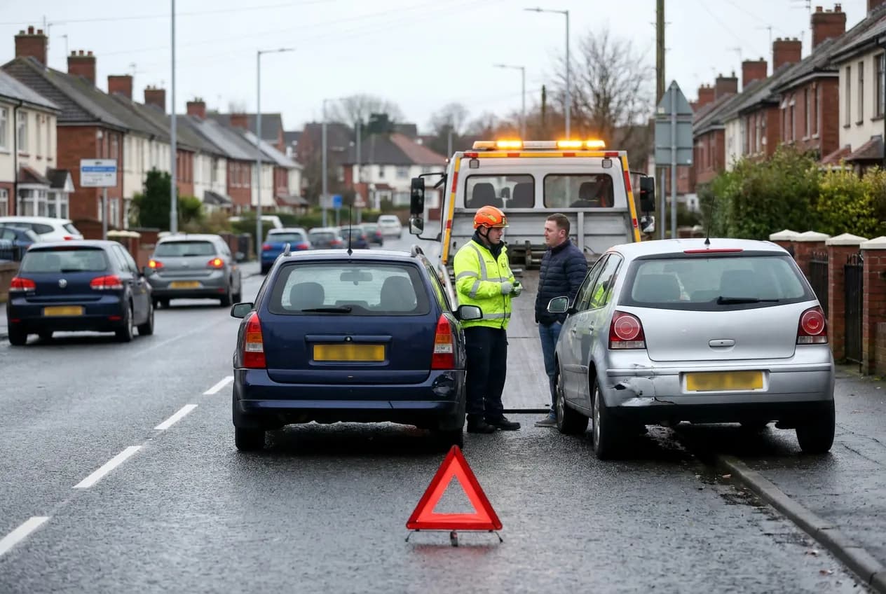 SP Recovery operator carefully recovering a damaged car after a road accident in Belfast