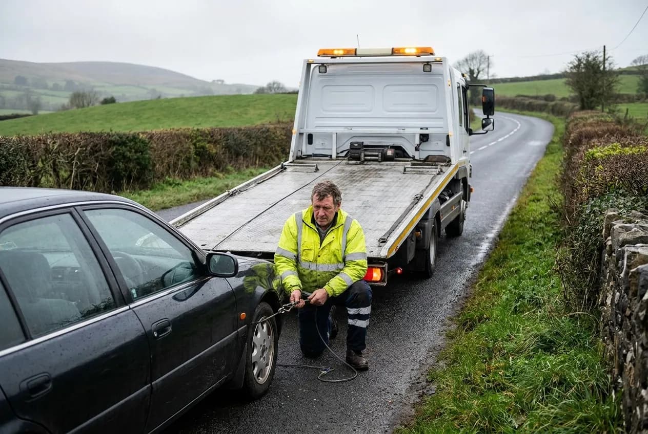 SP Recovery flatbed truck loading a broken down car at the roadside in Belfast at night