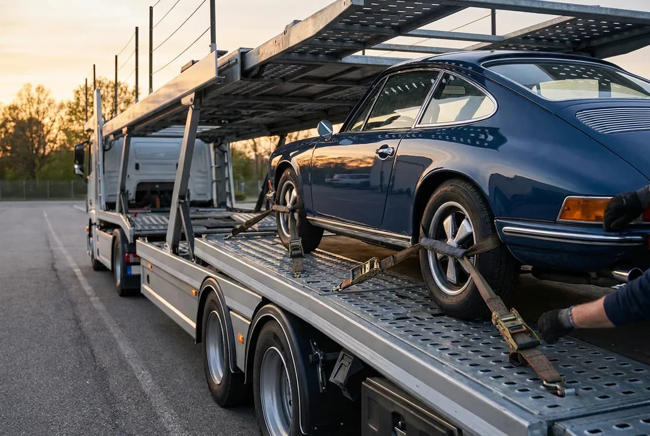 Classic car secured on an SP Recovery transporter for careful delivery from Belfast